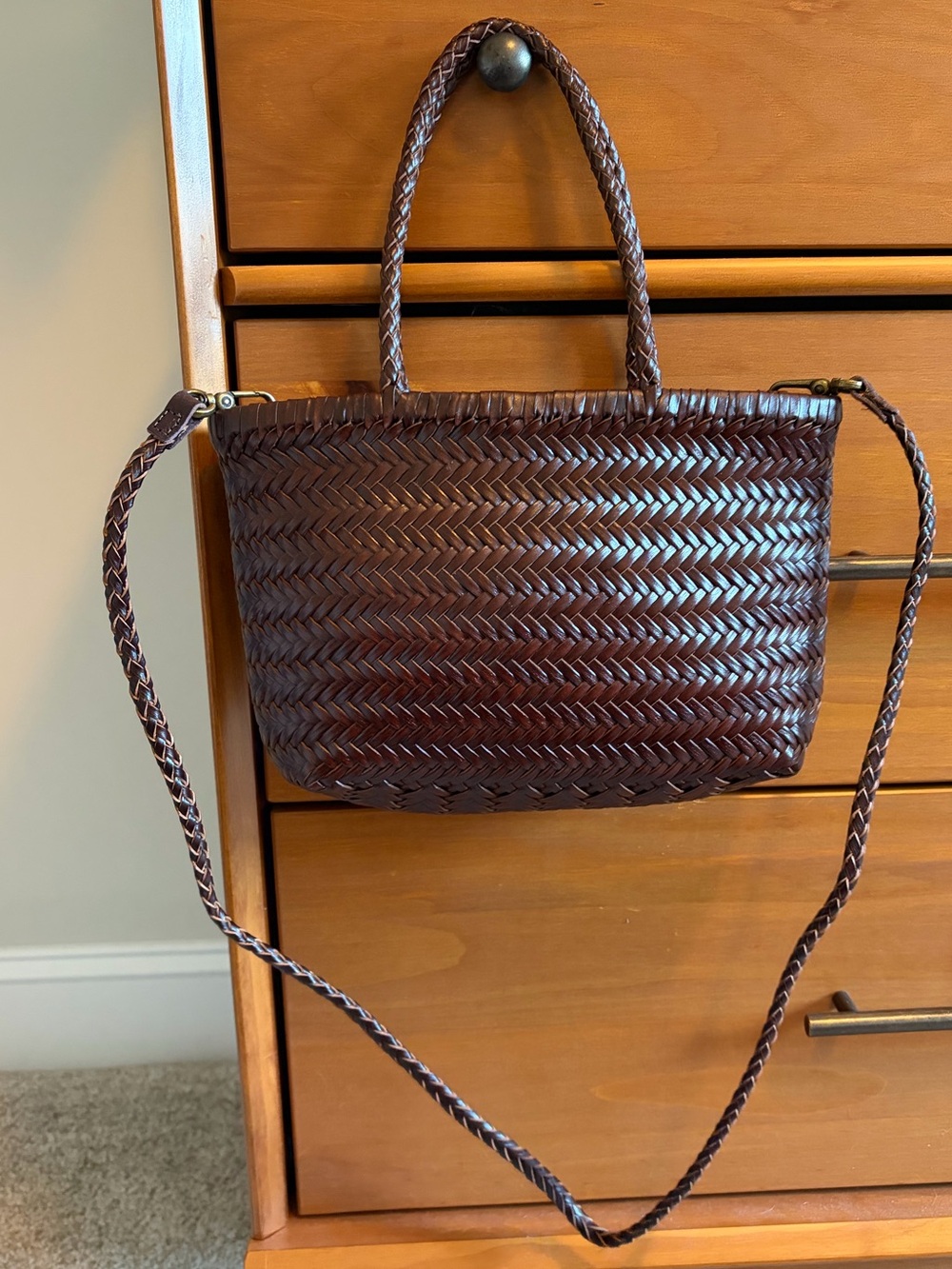 New Dragon Diffusion Gora Inspired Genuine Leather Woven Sm Tote Bag Brown Strap